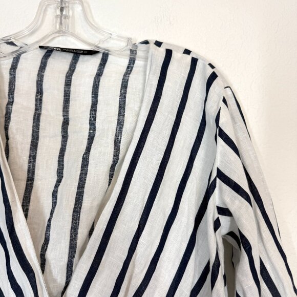 Zara Striped Linen Blend Wrap Blouse Nautical ResortWear Size Small - Picture 4 of 10